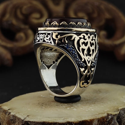 Hand carved Agate (Aqeeq), Handmade Silver Ring, Silver men's Ring