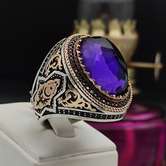 Purple Zircon Stone Men's Ring, 925 Sterling Silver Men's Ring, Unique Men's Ring