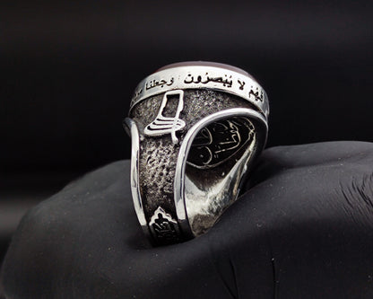 Hand Carving on Agate. Prayer of Prophet Jacob "The best protector is Allah, Islamic Calligraphy, 925 Silver Men's Ring, Unique Ring with Engraving