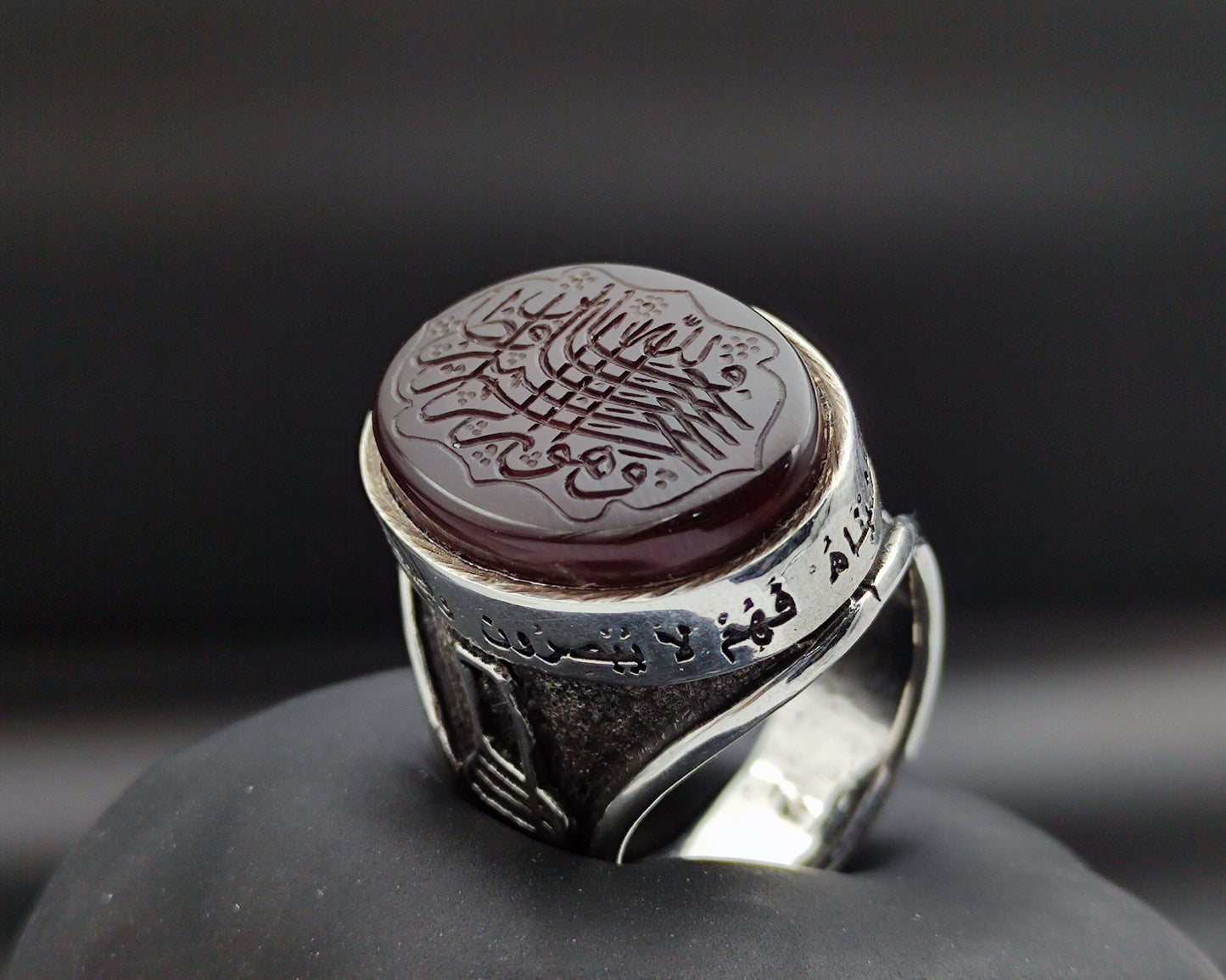 Hand Carving on Agate. Prayer of Prophet Jacob "The best protector is Allah, Islamic Calligraphy, 925 Silver Men's Ring, Unique Ring with Engraving