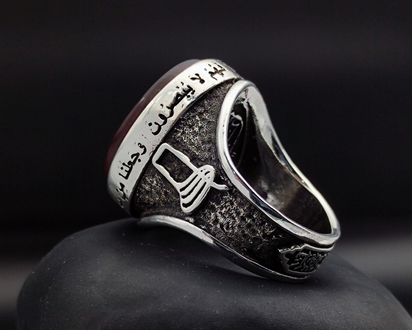 Hand Carving on Agate. Prayer of Prophet Jacob "The best protector is Allah, Islamic Calligraphy, 925 Silver Men's Ring, Unique Ring with Engraving