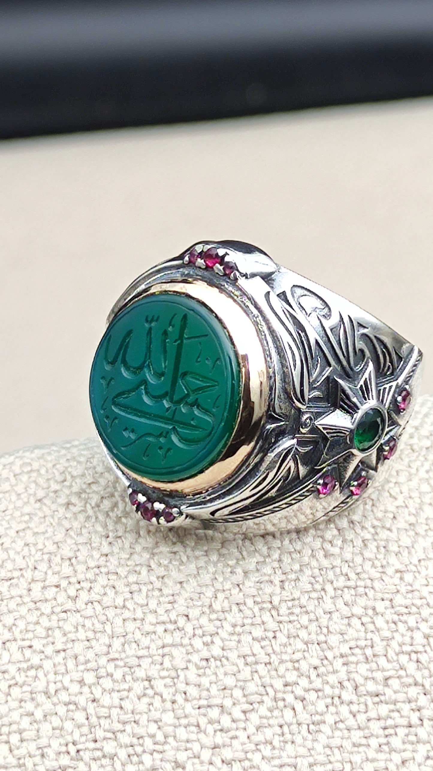 Yemen Agate Stone 925 Sterling Silver Ring with HASBİYAALLAH Inscription