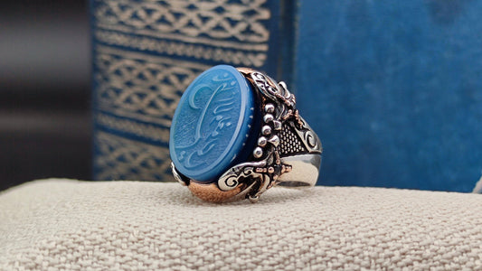 Silver men's ring with blue agate stone