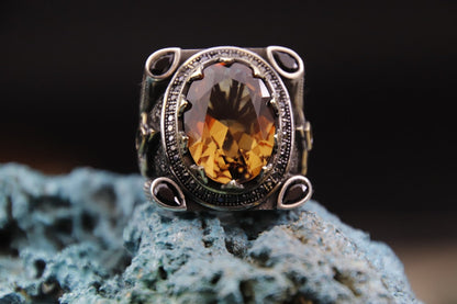 925 Sterling Silver Men's Ring with Zultanite Stone, Unique Silver Ring decorated with tiny Zircon Stones on the sides