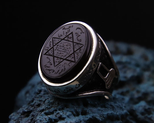 Handwritten Hz. Solomon Seal on Agate Stone, 925 Silver Men's Ring, Unique Ring with Engraving, Islamic Calligraphy