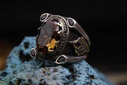 925 Sterling Silver Men's Ring with Zultanite Stone, Unique Silver Ring decorated with tiny Zircon Stones on the sides