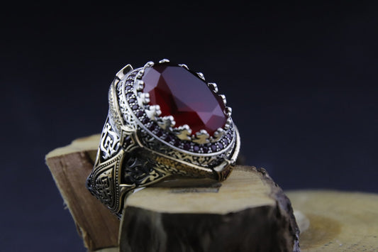 RED STONE AGATE AND SİLVER RİNG FOR MEN