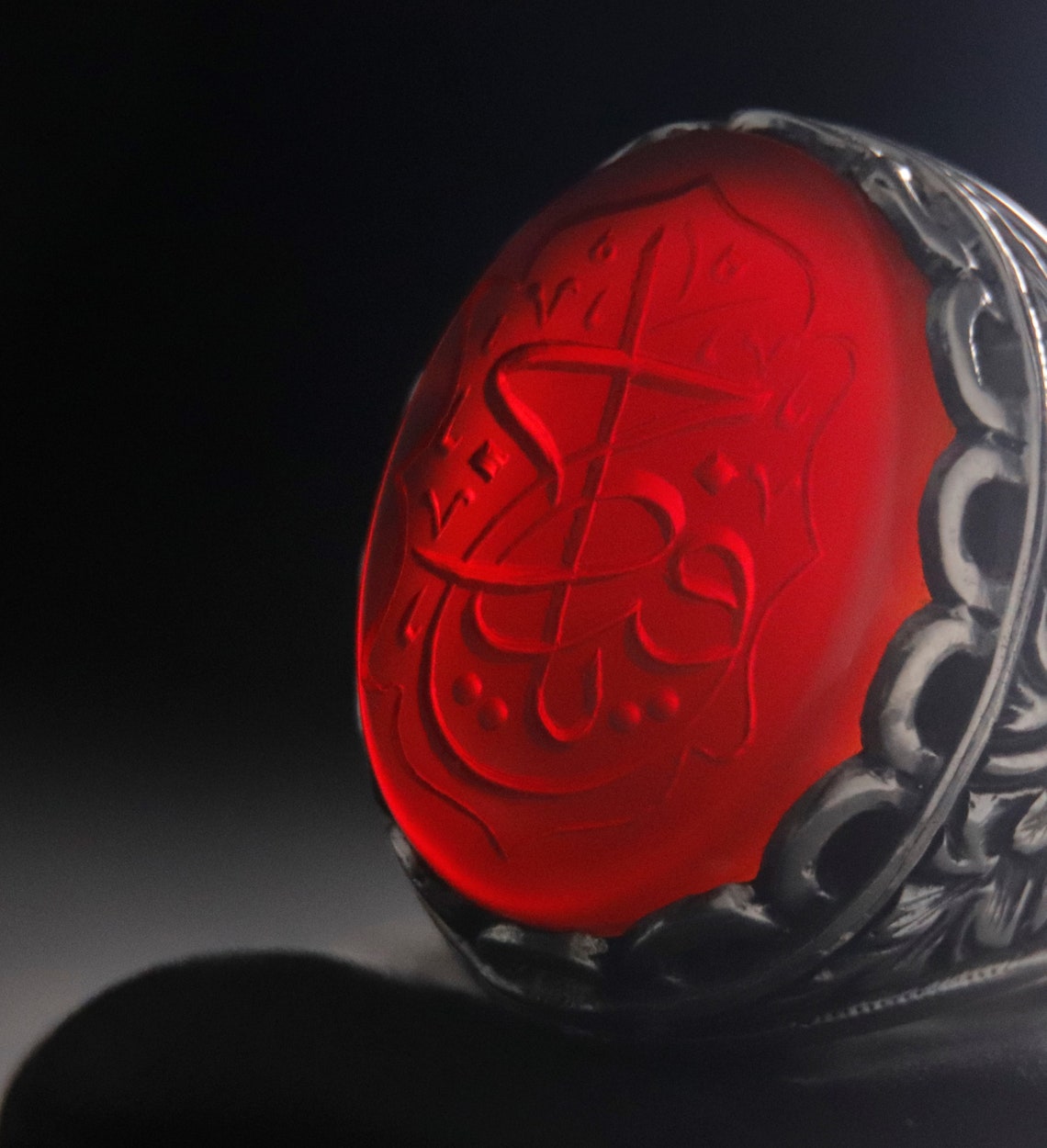 Hand-carved Quran on Agate (Aqeeq), Hand Carved Agate, Handmade Silver Ring