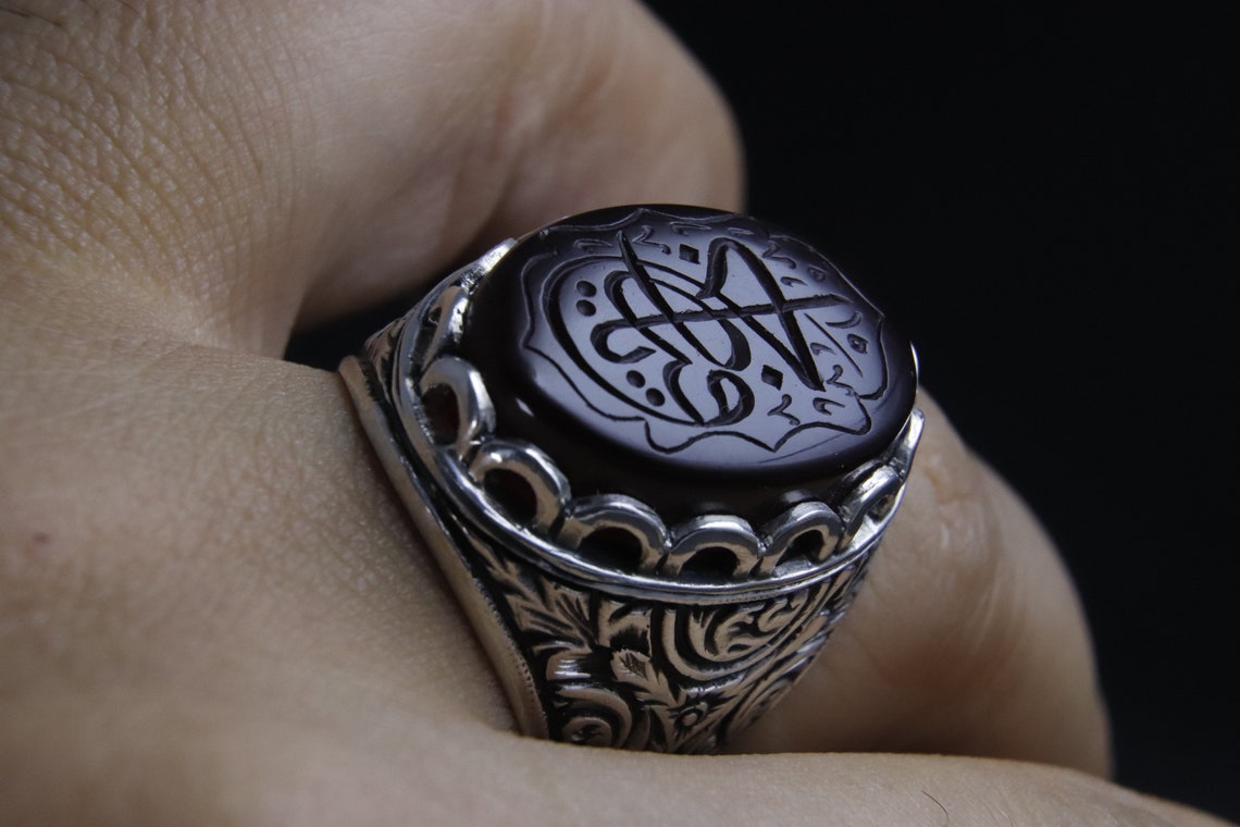 Hand-carved Quran on Agate (Aqeeq), Hand Carved Agate, Handmade Silver Ring