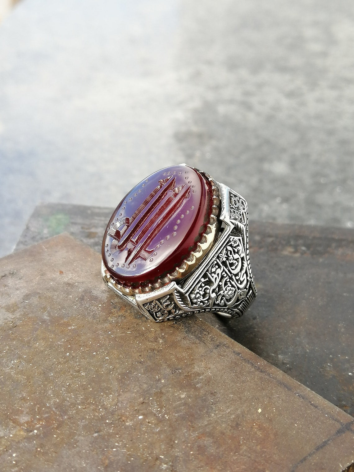 agate red stone silver ring for men