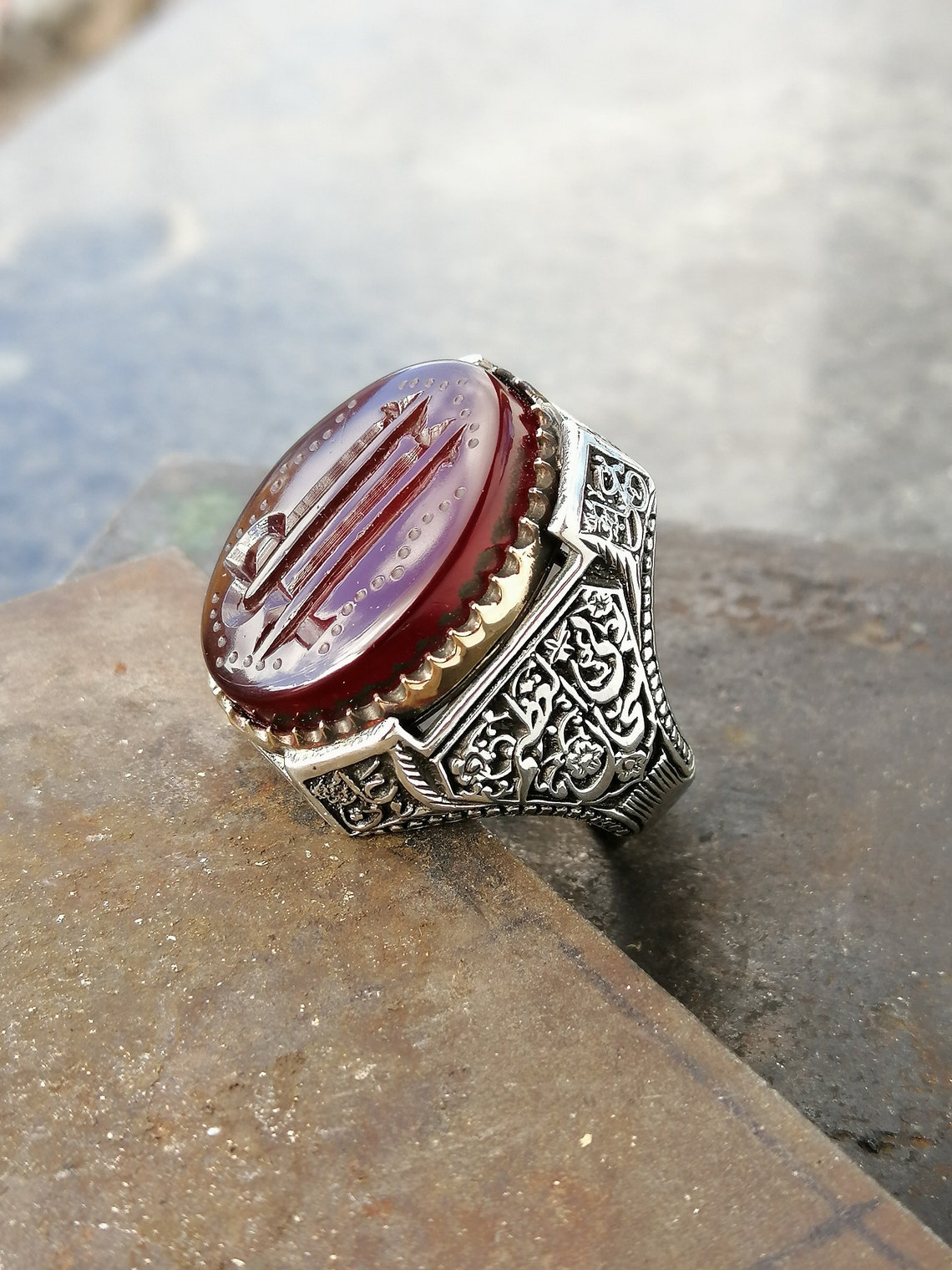 agate red stone silver ring for men