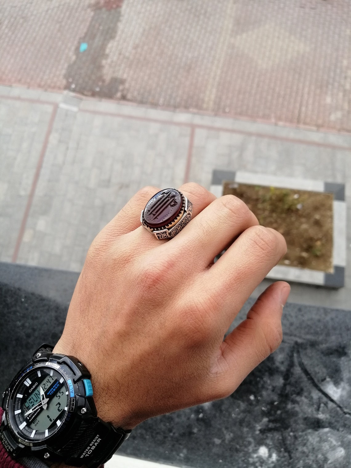 agate red stone silver ring for men