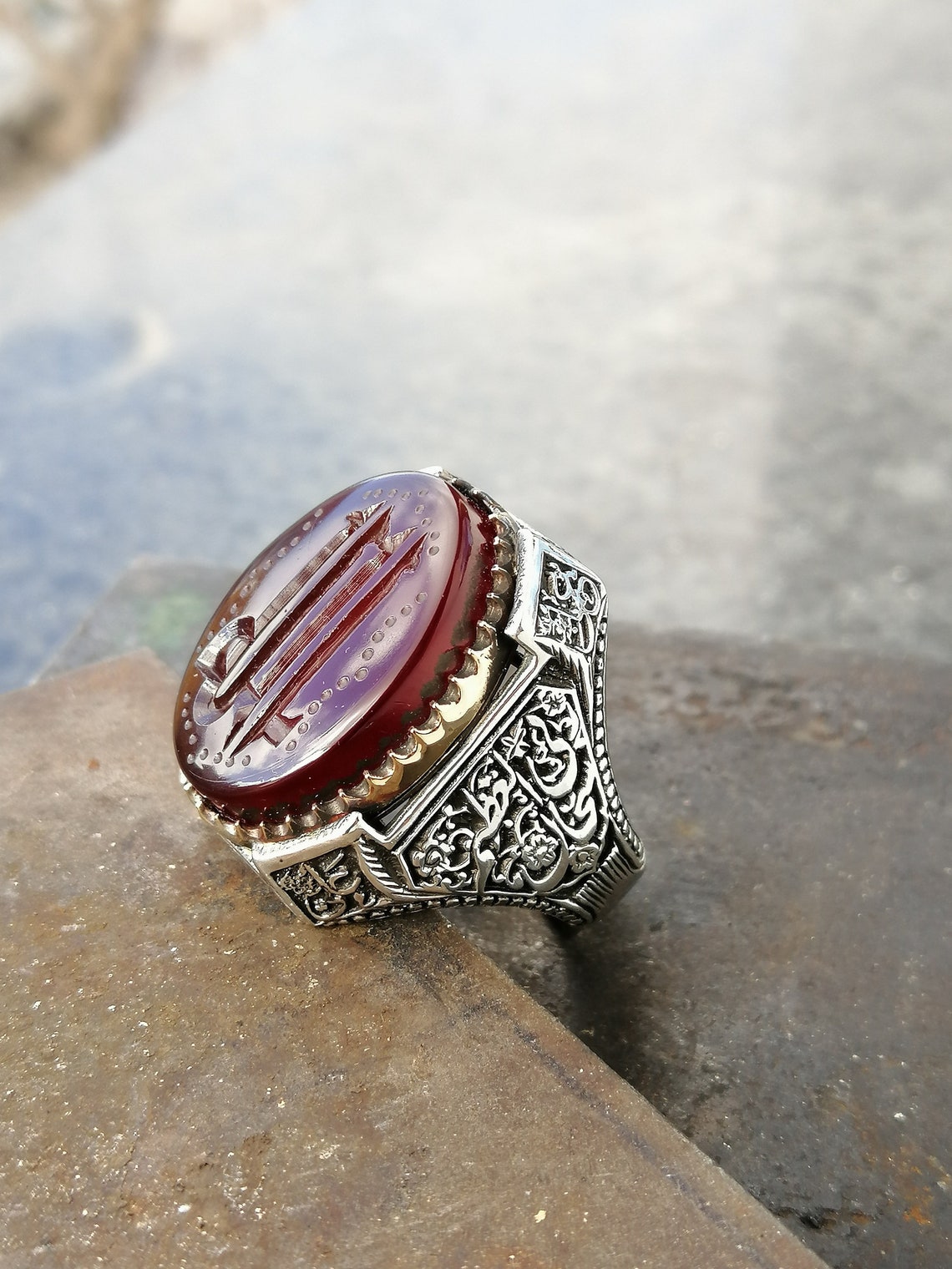 agate red stone silver ring for men