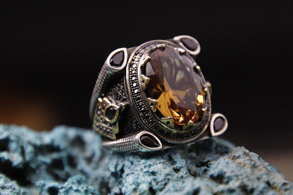 925 Sterling Silver Men's Ring with Zultanite Stone, Unique Silver Ring decorated with tiny Zircon Stones on the sides