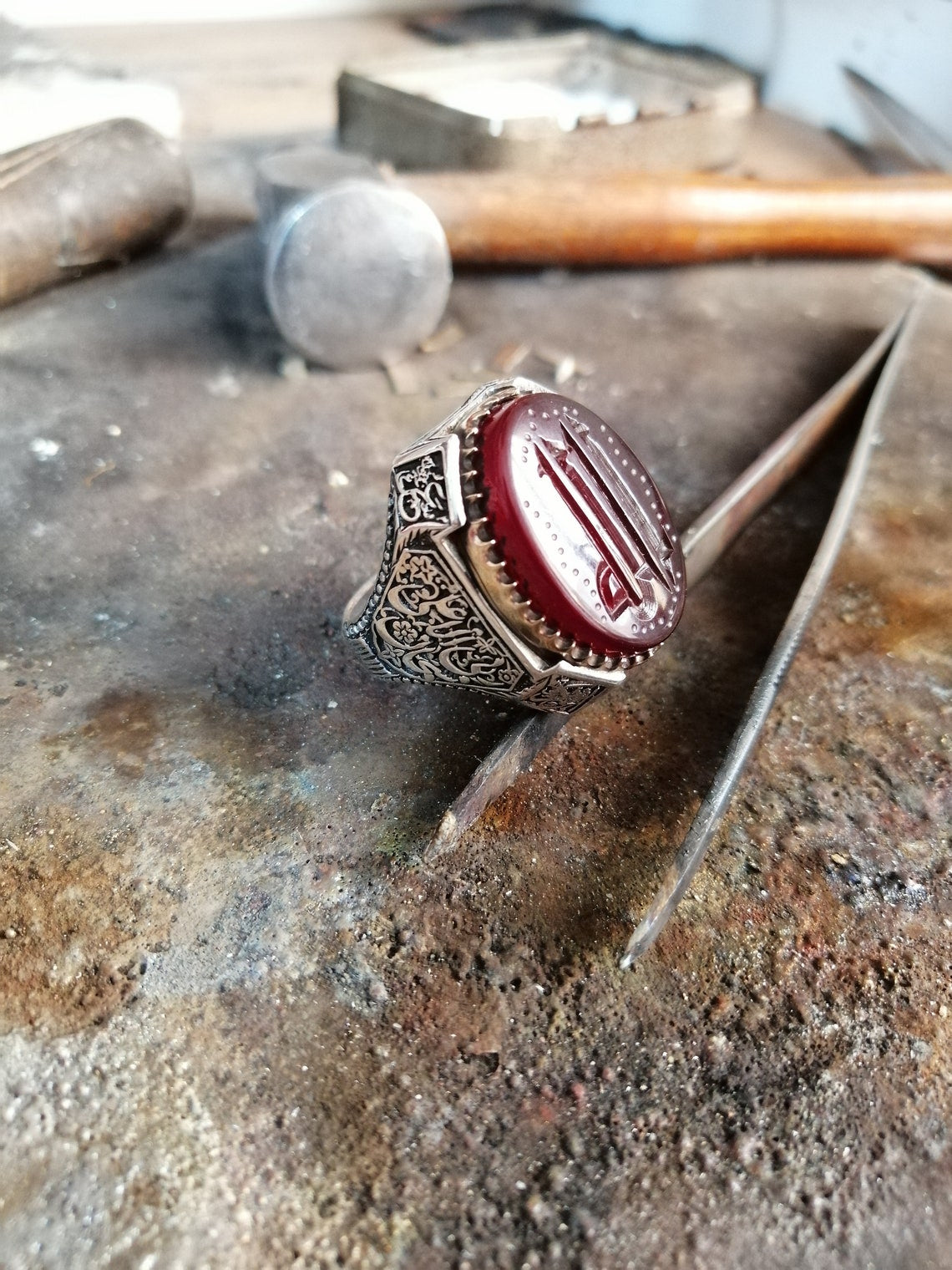 agate red stone silver ring for men