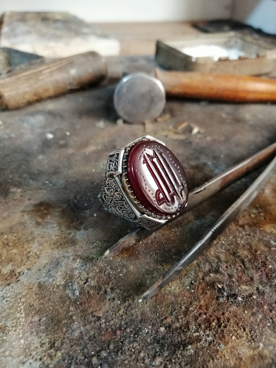 agate red stone silver ring for men