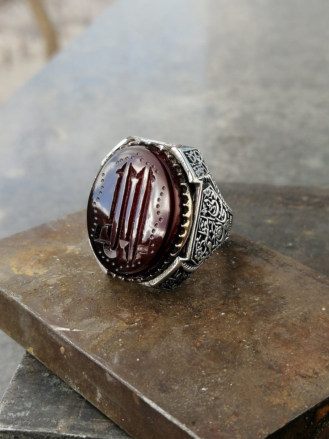 agate red stone silver ring for men