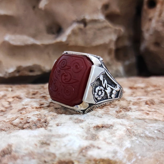 Hand carved Agate (Aqeeq), Handmade Silver Ring, Silver men's Ring